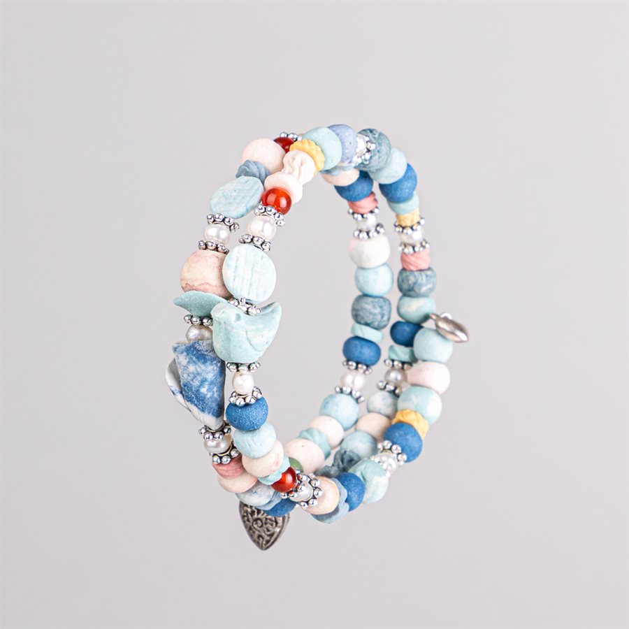 Bracelet ajustable à deux tours en billes de porcelaine et ornements 15