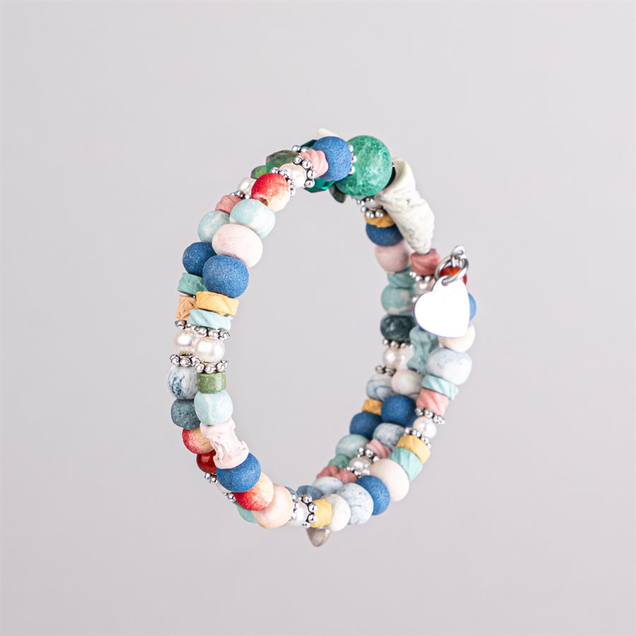 Bracelet ajustable à deux tours en billes de porcelaine et ornements 17