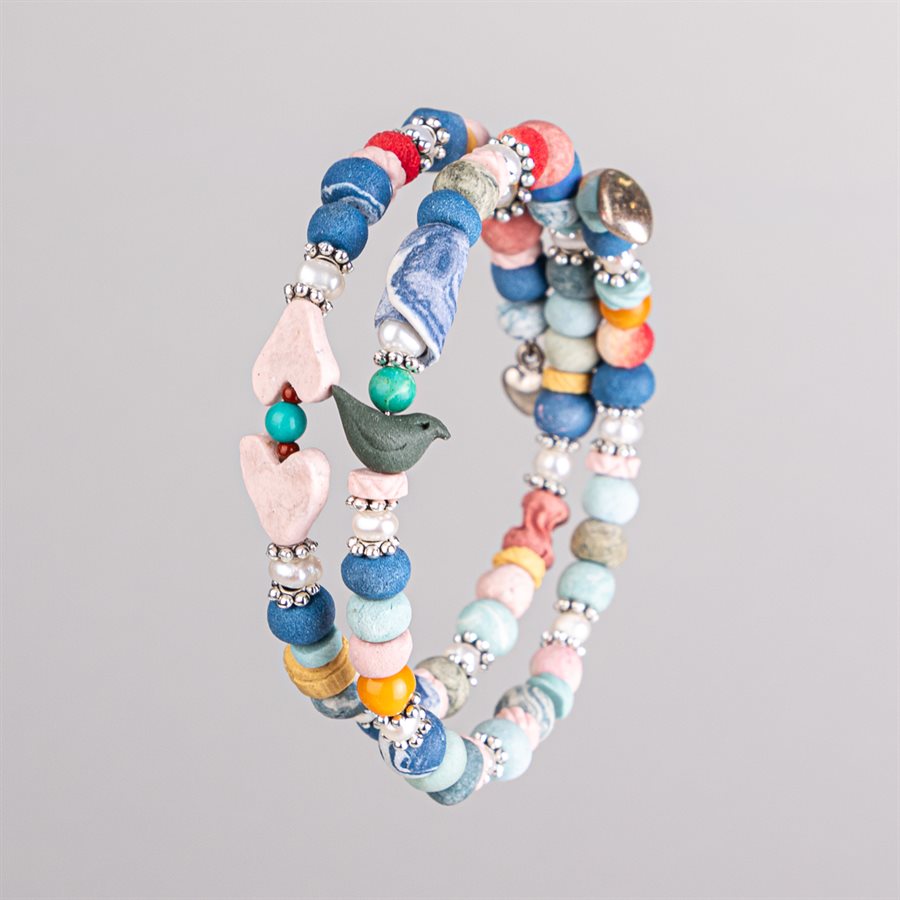 Bracelet ajustable à deux tours en billes de porcelaine et ornements 21