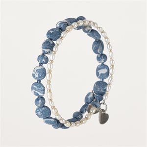 Bracelet double en argile avec ornements Bleu et blanc