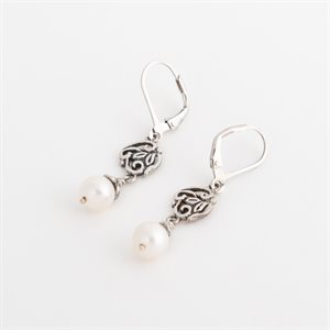 Silver and freshwater pearl earring, suspended spiral model