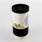 Ceramic travel mug decorated with decals, screen printing and gilding