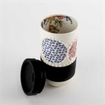 Ceramic travel mug decorated with decals, screen printing and gilding